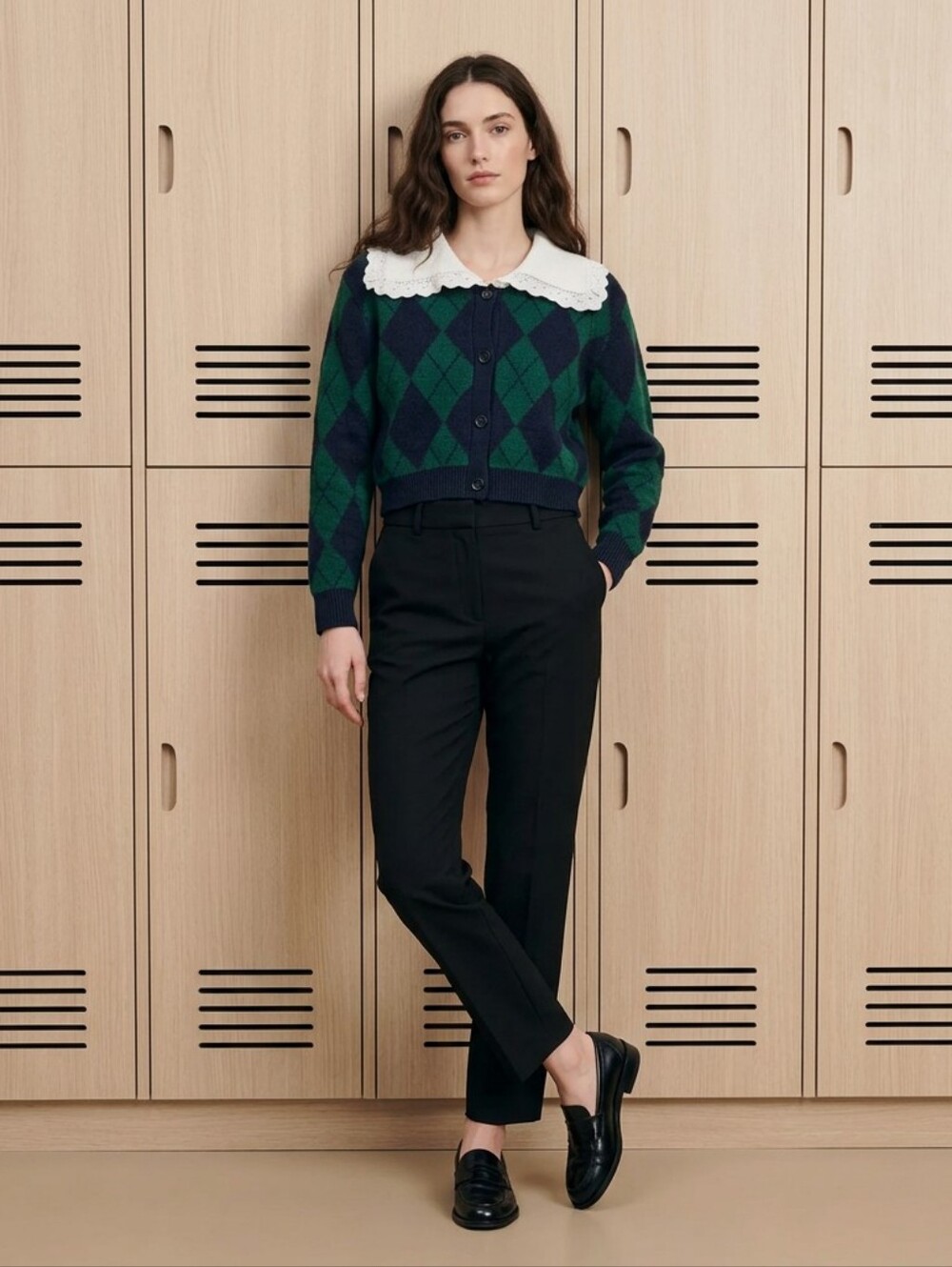 BSVEEII Argyle Cropped Cardigan Asian XL Green Navy Lace Peter Pan Collar Coquet
